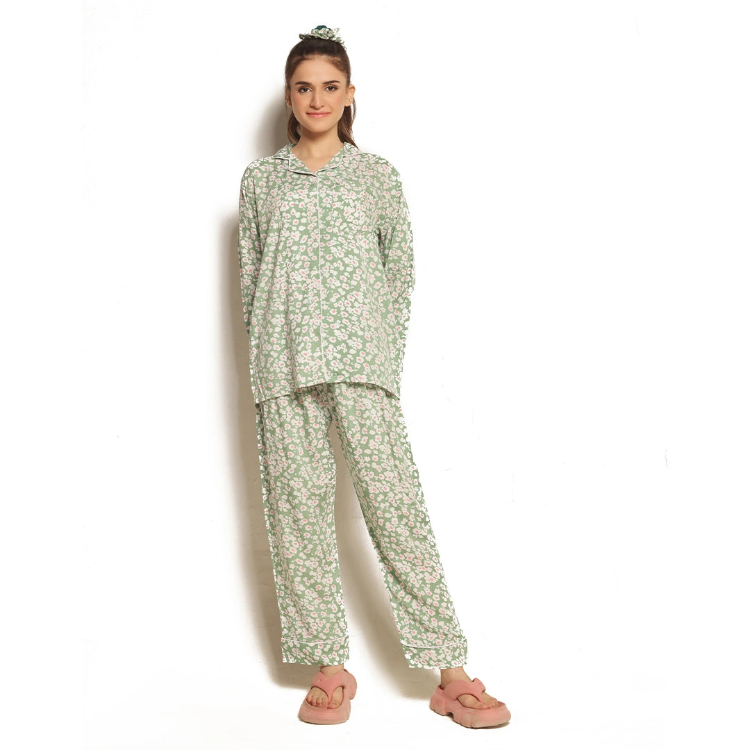 Sajiero Mint Bloom Linen Pajama Suit