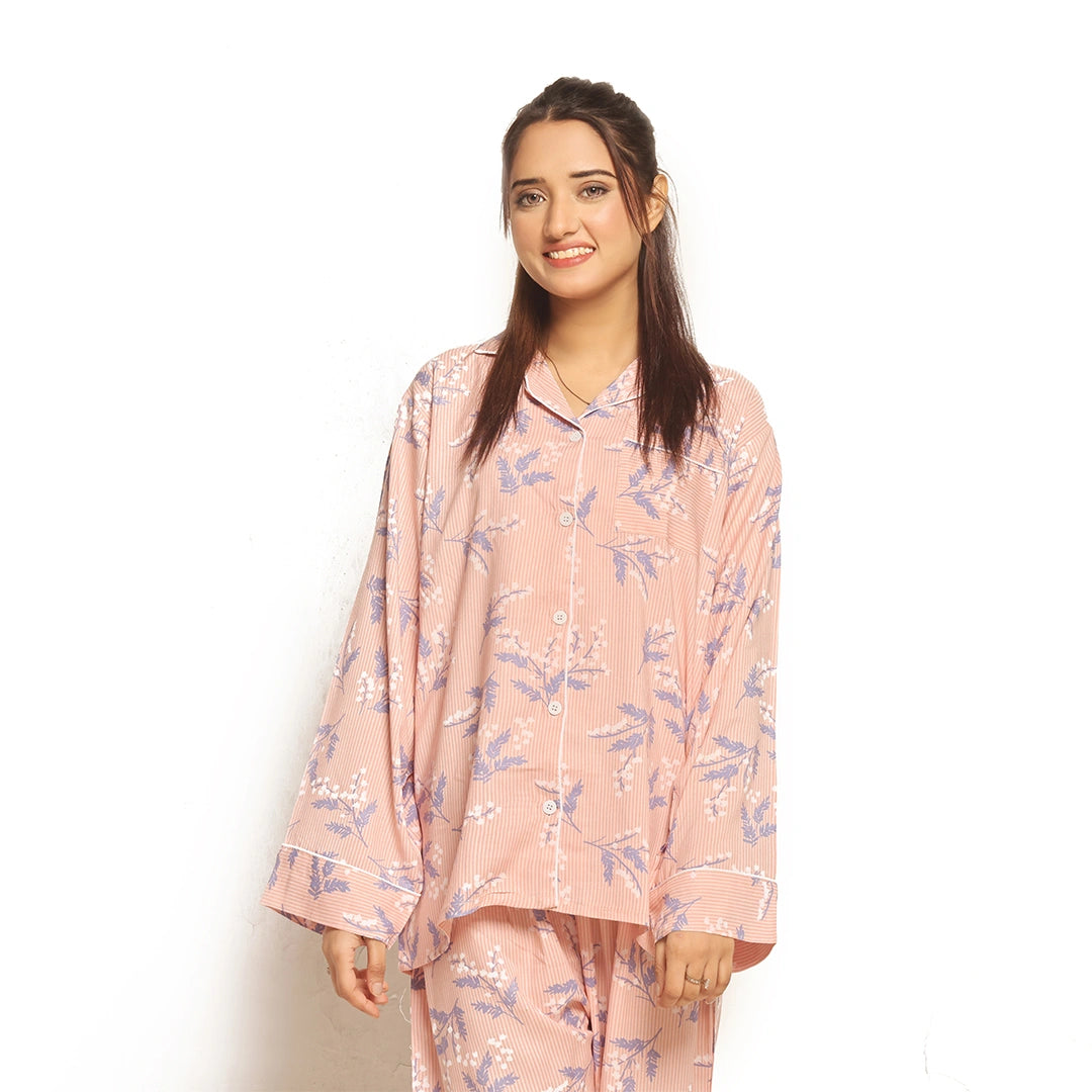 Sajiero Galaxy Boski Linen Floral Printed Pajama Suit Snow Pink