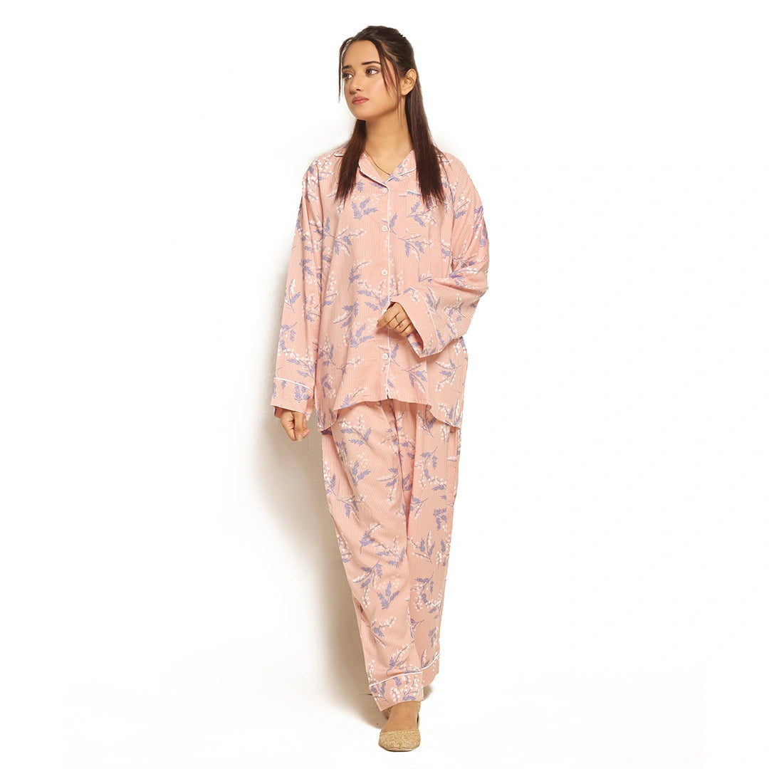 Sajiero Galaxy Boski Linen Floral Printed Pajama Suit Snow Pink