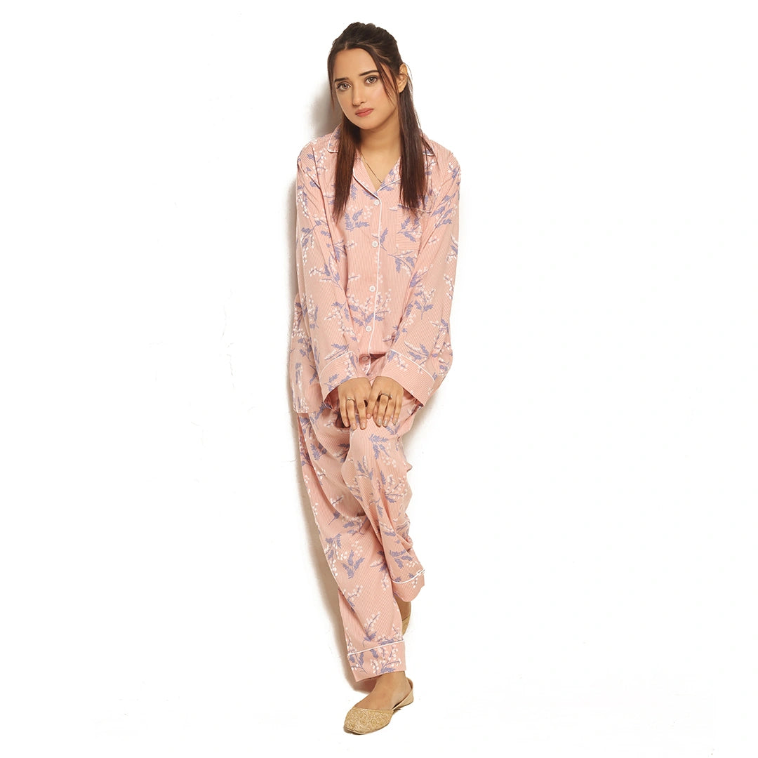 Sajiero Galaxy Boski Linen Floral Printed Pajama Suit Snow Pink