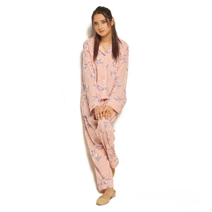 Sajiero Galaxy Boski Linen Floral Printed Pajama Suit Snow Pink