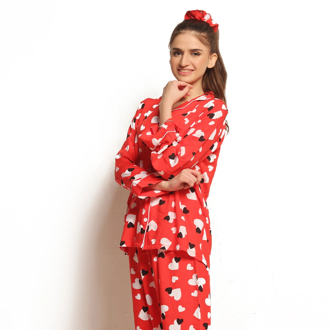 Sajiero Sweetheart Red Linen Pajama Suit