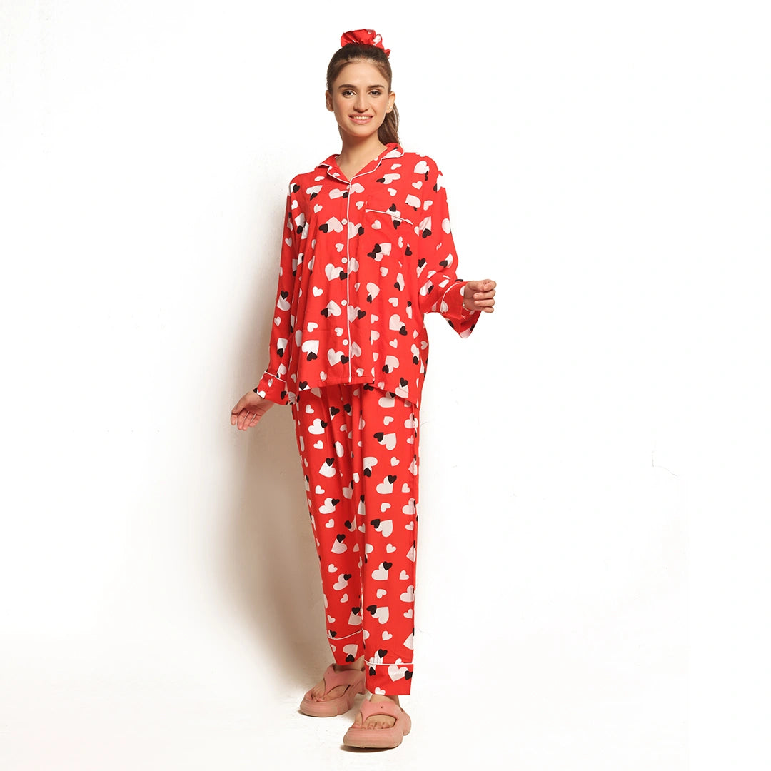 Sajiero Sweetheart Red Linen Pajama Suit