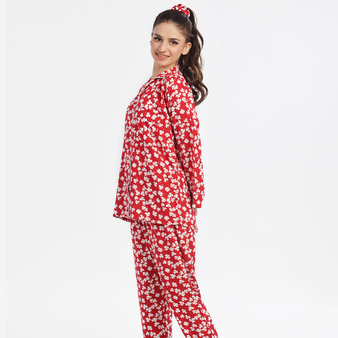 Sajiero Autumn Red Linen Pajama Suit