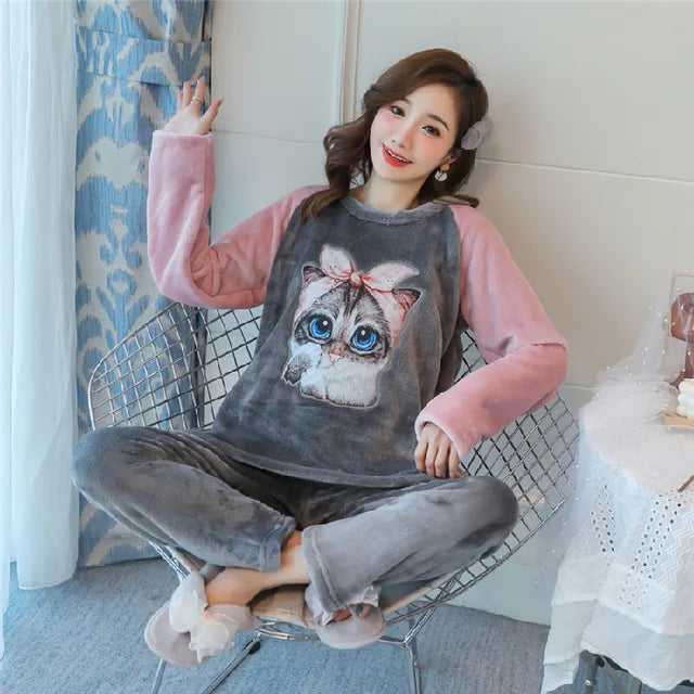 Sajiero Fleece Long Sleeve Pajama Suit Cat