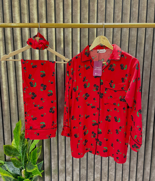 Sajiero Cherry Linen Pajama Suit