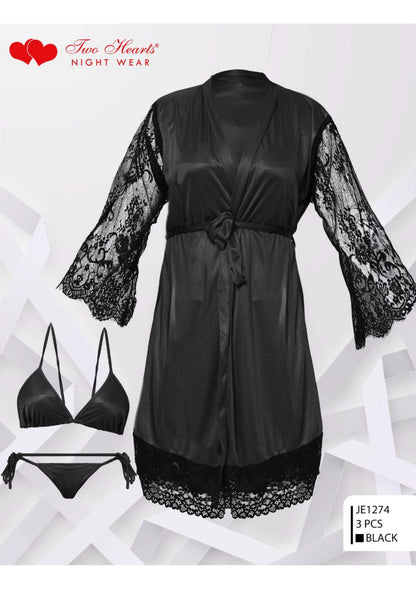 Sajiero Bridal Maxi Lace Sleeves Satin Kimono Robe black color western wear clothing sexy nightie long coats price in pakistan