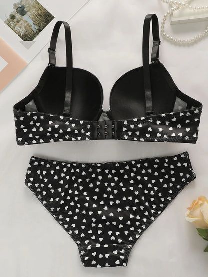 Sajiero Hearts Printed Padded Bra and Panty Set