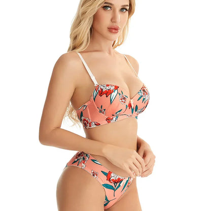 Sajiero Cheek Floral Print Padded Bra and Panty Set