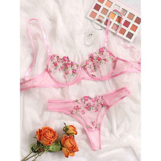 Sajiero Fairy Floral Embroidery Bra and Panty set