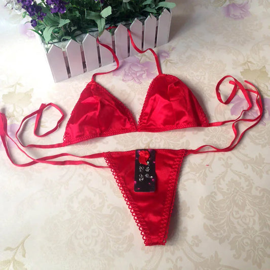 Sajiero Frolic Classic Satin Silk String Ribbed Bikini sexy bra and panty with strap price in pakistan