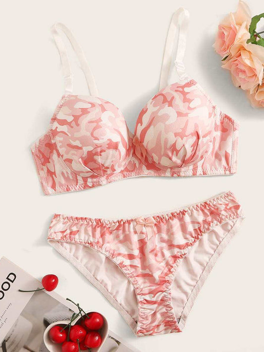 Sajiero Fuzzy Floral Padded Bra and Panty Set