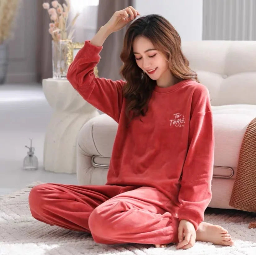 Sajiero Fleece Long Sleeve Pajama Suit Shaded Red