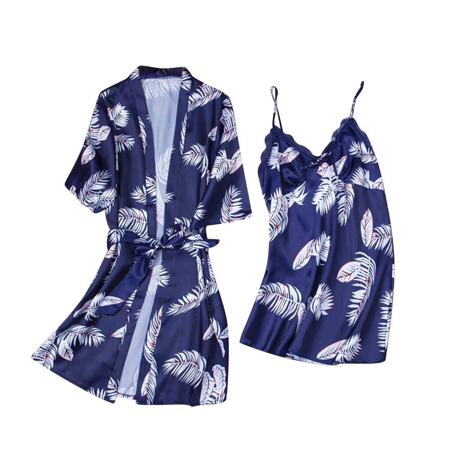 Sajiero Hawaiian Print Silk 2pcs Nightgown set