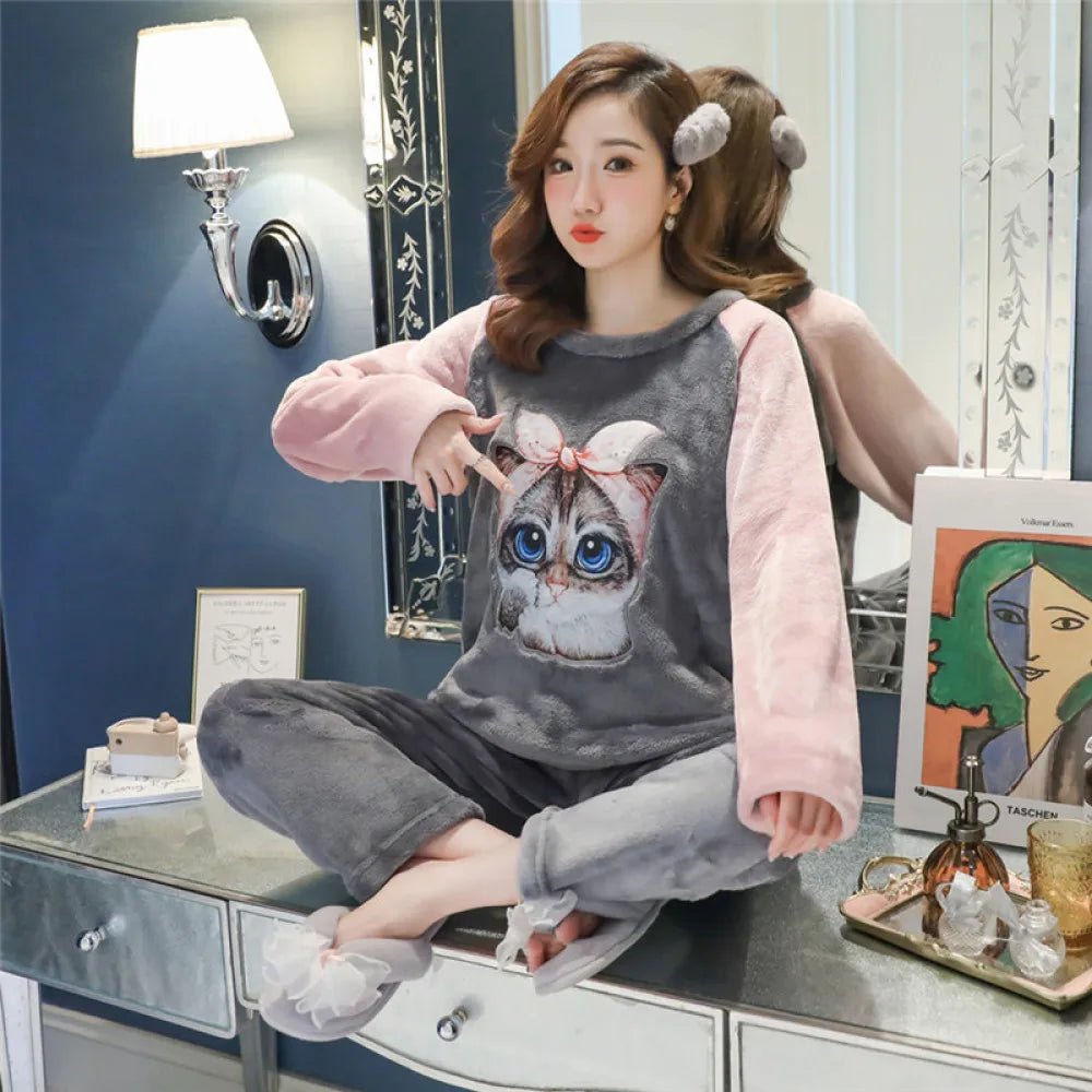 Sajiero Fleece Long Sleeve Pajama Suit Cat