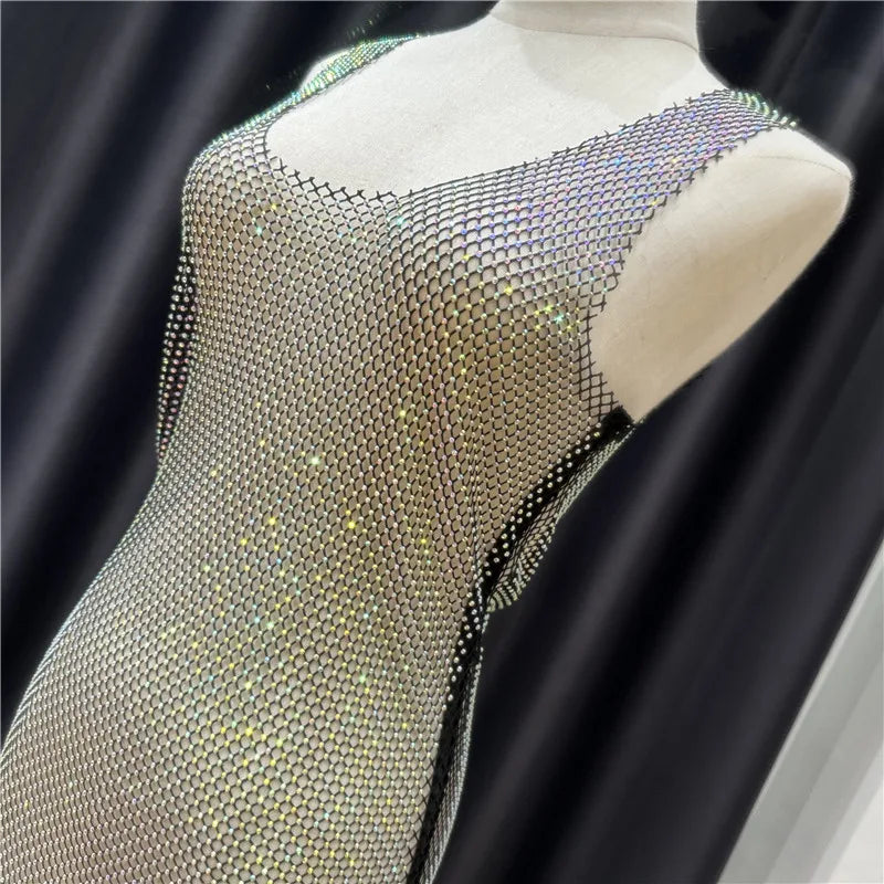 Sajiero Rhinestone Crystal Transparent Sing Short full body transparent net fancy dress for party