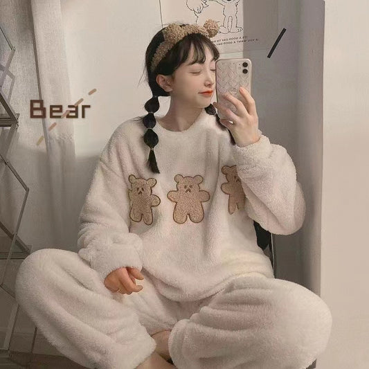 Sajiero Fleece Long Sleeve Pajama Suit Baby Teddy White