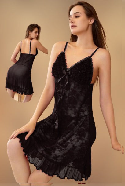 Sajiero Huxley Babydoll Embroidered Short Lingerie sexy black short nightie with thin strap price in pakistan 