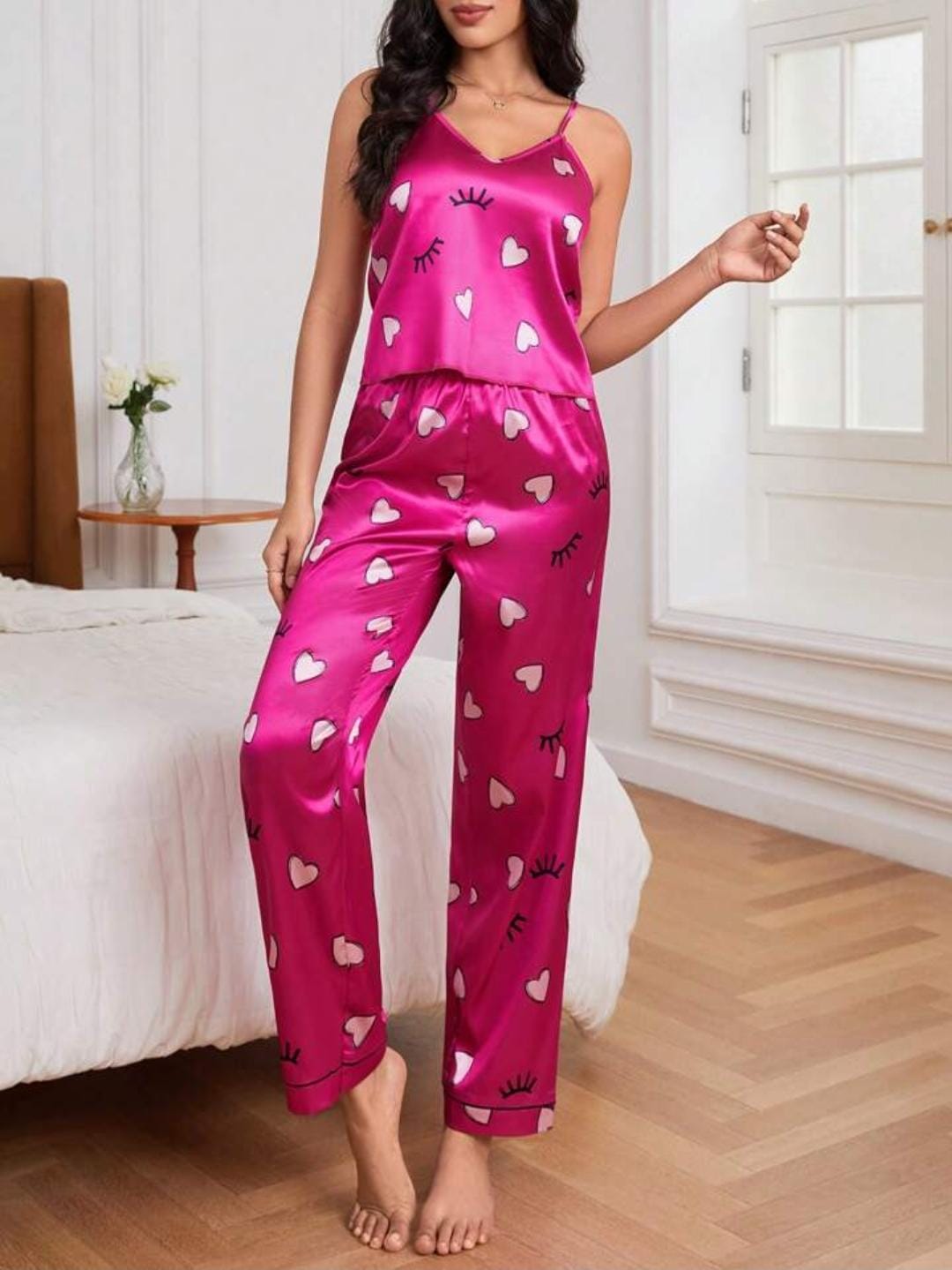 Sajiero Spice Ceder Strap Jumpsuit Printed Pink Hearst best quality summer sleeveless nightwear for women price in pakistan 