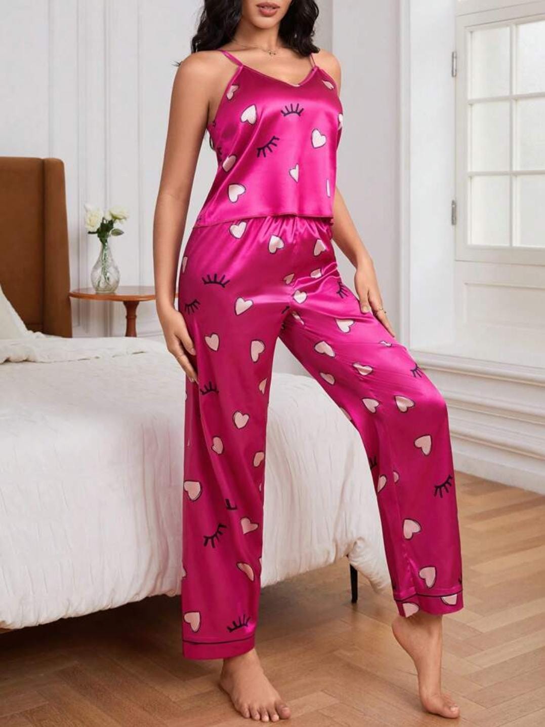 Sajiero Spice Ceder Strap Jumpsuit Printed Pink Hearst best quality summer sleeveless nightwear for women price in pakistan