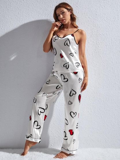 Sajiero Spice Ceder Strap Jumpsuit Printed Hearst White best silk sleeveless nightwear for ladies price in pakistan