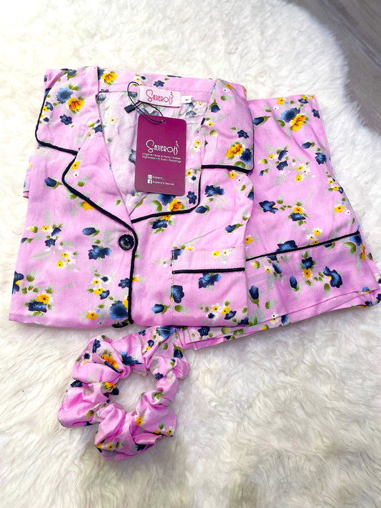 Sajiero Galaxy Boski Linen Printed Pajama Suit Lily Pink Floral       soft quality night dress comfy feel for ladies price in pakistan