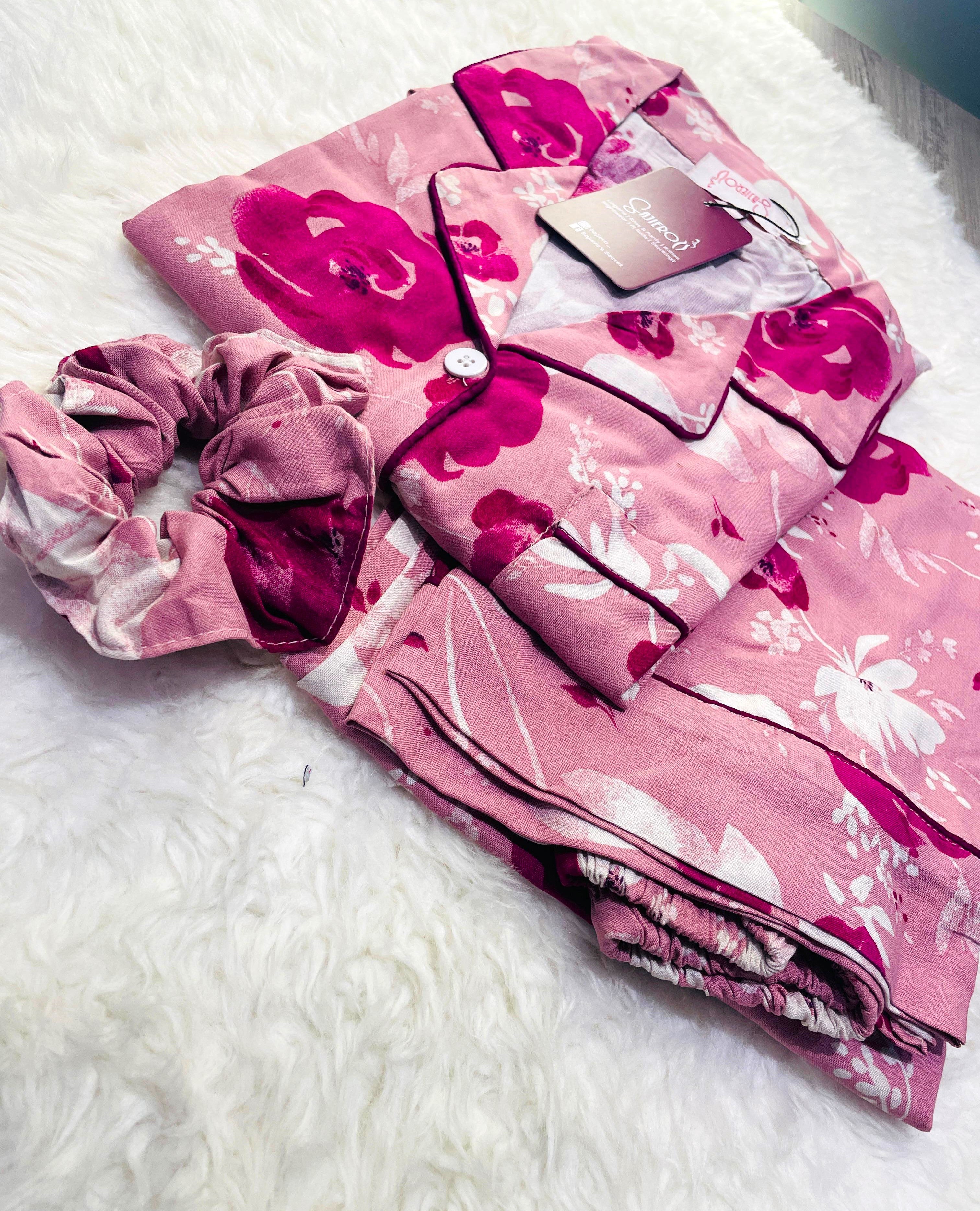 Sajiero Galaxy Boski Linen Printed Pajama Suit Elegant Floral Pink