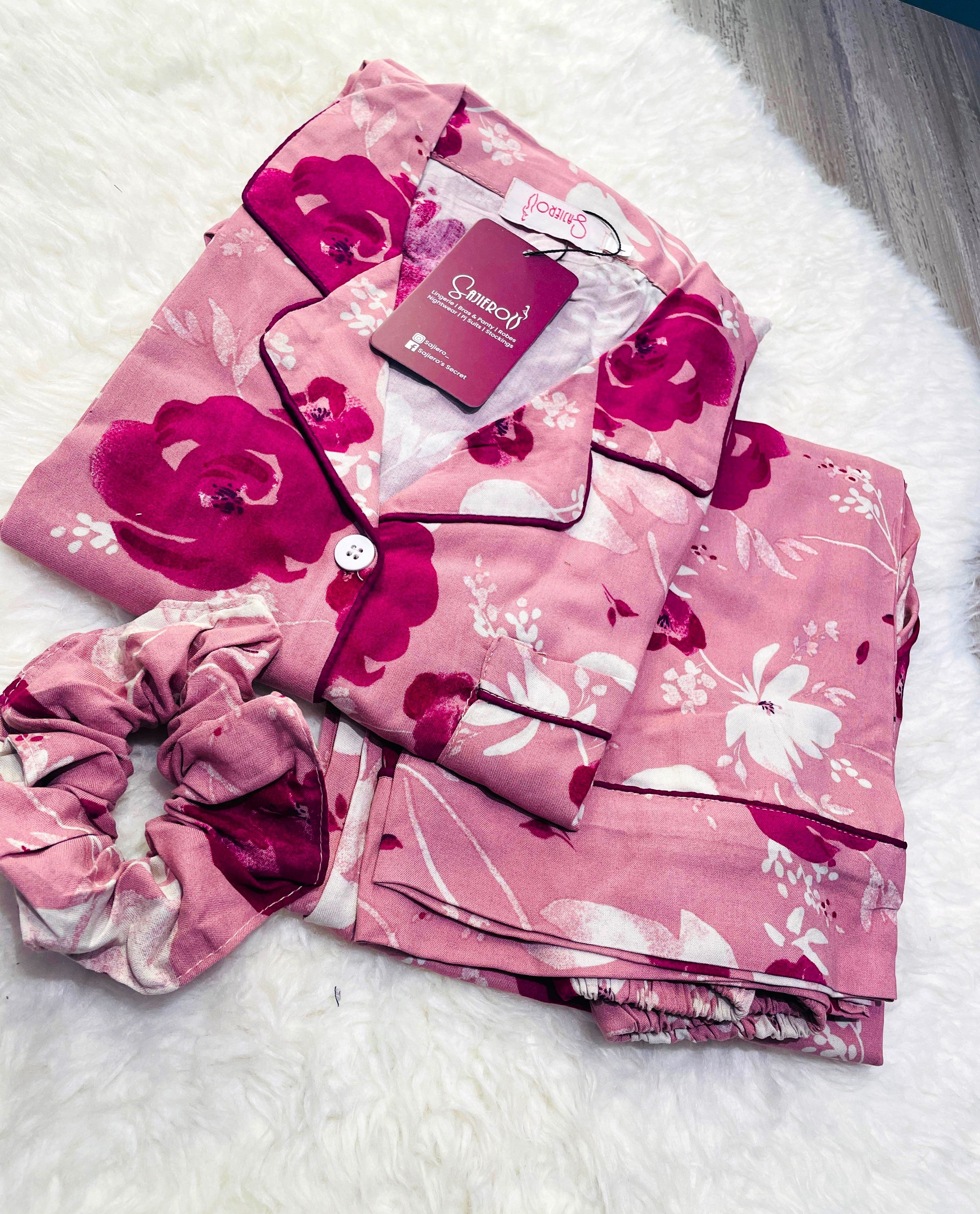 Sajiero Galaxy Boski Linen Printed Pajama Suit Elegant Floral Pink  soft quality night dress for ladies price in pakistan