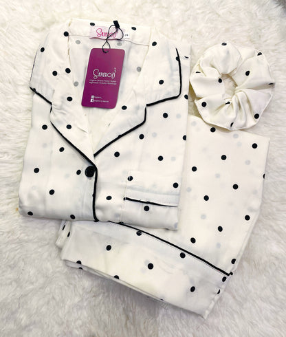 Sajiero Galaxy Boski Linen  Printed Pajama Suit White Polka Dots