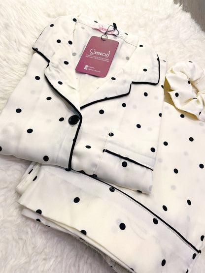 Sajiero Galaxy Boski Linen  Printed Pajama Suit White Polka Dots