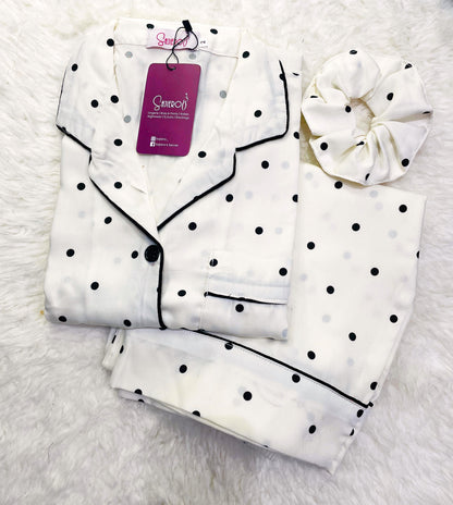 Sajiero Galaxy Boski Linen  Printed Pajama Suit White Polka Dots