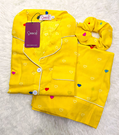 Sajiero Galaxy Boski Linen  Printed Pajama Suit Multi Yellow