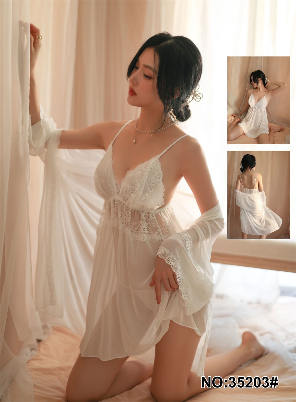 Sajiero Chiffon White Transparent Sexy Nightgown set