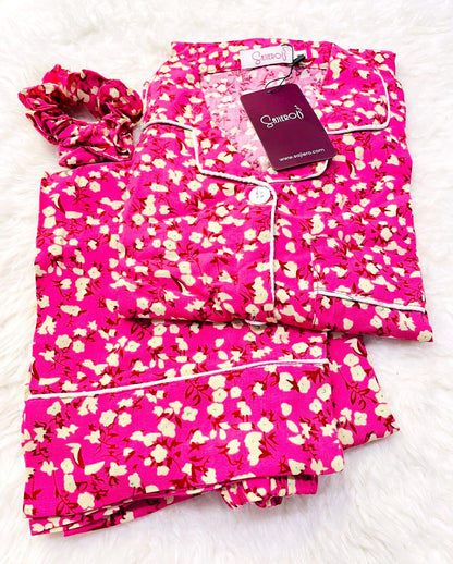 Sajiero Galaxy Boski Linen Floral Printed Pajama Suit Bush Pink Delight