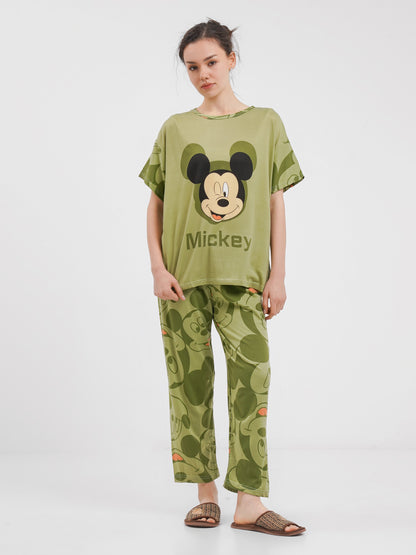 Sajiero Noise Cotton 3 Piece Printed Pajama Suit Olive Green