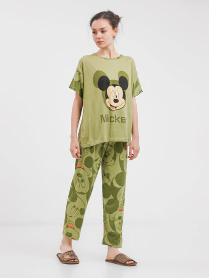 Sajiero Noise Cotton 3 Piece Printed Pajama Suit Olive Green